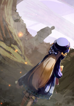 1boy 1girl abigail_williams_(fate) abigail_williams_(first_ascension)_(fate) black_bow black_dress black_hat blonde_hair bow close-up commentary_request dress fate/grand_order fate_(series) gajumaru09 hair_bow hat long_hair long_sleeves orange_bow ribbed_dress sleeves_past_fingers sleeves_past_wrists stuffed_animal stuffed_toy teddy_bear tree