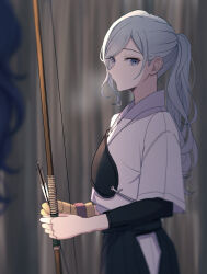 Rule 34 | 2girls, absurdres, archery, arrow (projectile), asahina mafuyu, black skirt, bow (weapon), breath, commentary, curly hair, doraimon0312, from side, gloves, grey eyes, grey hair, hakama, hakama skirt, highres, hinomori shizuku, holding, holding bow (weapon), holding weapon, japanese clothes, kyuudou, multiple girls, muneate, no mouth, partially fingerless gloves, partly fingerless gloves, ponytail, project sekai, purple hair, shirt, side slit, sidelocks, single glove, skirt, weapon, white shirt, yugake