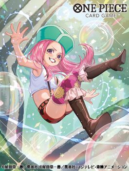 1girl anti-eyebrow_piercing blush boots brown_boots bubble clenched_teeth commentary_request copyright_name crop_top ekusiun face_piercing hat jewelry_bonney long_hair looking_at_viewer one_piece one_piece_card_game piercing pink_hair purple_eyes shirt shorts smile solo star_(symbol) teeth white_shirt