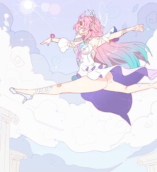 1girl aqua_hair ass breasts cloud commentary cyrene_(honkai:_star_rail) cyrene_(ripples_of_past_reverie)_(honkai:_star_rail) dress english_commentary gradient_hair halo high_heels highres honkai:_star_rail honkai_(series) long_hair medium_breasts multicolored_hair no_panties pink_hair pointy_ears solo unfamousradish very_long_hair white_dress white_hair