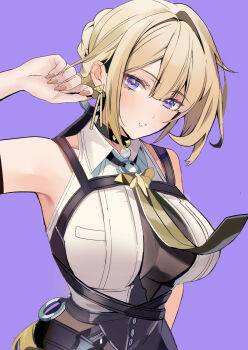 1girl absurdres armpits black_pants breasts chest_harness evelyn_chevalier hair_up harness high-waist_pants highres large_breasts looking_at_viewer nakano_kura necktie pants parted_lips purple_background purple_eyes ring_hair_ornament shirt simple_background sleeveless sleeveless_shirt solo white_shirt yellow_necktie zenless_zone_zero