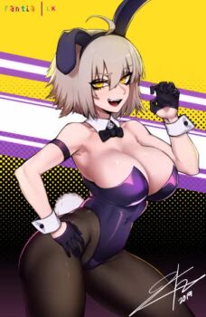 1girl :d ahoge animal_ears animated armband bare_shoulders black_pantyhose blush bouncing_breasts bow bowtie breasts cleavage contrapposto covered_navel cowboy_shot dated detached_collar fake_animal_ears fate/grand_order fate_(series) fellatio_gesture gloves hair_between_eyes hairband half_gloves halftone halftone_background hand_on_own_hip j.k. jeanne_d&#039;arc_(fate) jeanne_d&#039;arc_alter_(fate) large_breasts light_brown_hair lk_(lk00) open_mouth pantyhose playboy_bunny purple_gloves rabbit_ears rabbit_tail short_hair smile solo sweatdrop tagme tail video wrist_cuffs yellow_eyes