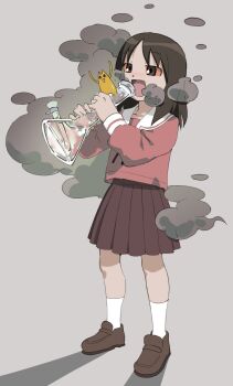 Rule 34 | 1girl, :d, azumanga daioh's school uniform, azumanga daiou, bloodshot eyes, blush, bong, brown eyes, brown hair, brown shoes, brown skirt, cat, commentary, commission, creature, english commentary, full body, grey background, highres, kasuga ayumu, loafers, long hair, long sleeves, mihama chiyo's father, nose blush, open mouth, pink shirt, pleated skirt, sailor collar, school uniform, serafuku, shirt, shoes, simple background, skirt, smile, smoking, socks, solo, standing, white sailor collar, white socks, winter uniform, zichow4evr