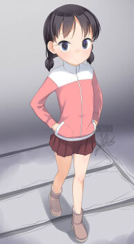 Rule 34 | 1girl, black hair, commentary request, hands in pockets, highres, jacket, low twintails, original, paid reward available, pleated skirt, signature, skirt, solo, twintails, yone kinji