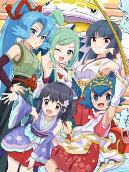 5girls absurdres armpits clair_(pokemon) gen_1_pokemon highres lana_(pokemon) lisia_(pokemon) magikarp multiple_girls nintendo pokemoa pokemon pokemon_masters_ex sabrina_(pokemon)