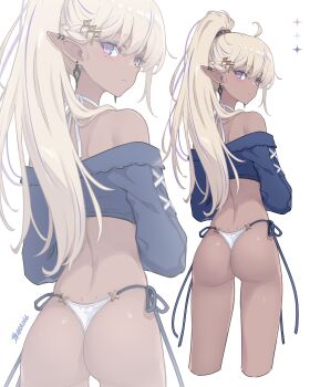 1girl ass bare_shoulders bikini blonde_hair closed_mouth commentary_request dan_(kumadan) dark-skinned_female dark_elf dark_skin elf highres long_sleeves looking_at_viewer looking_back off-shoulder_shirt off_shoulder original pointy_ears ponytail revision shirt side-tie_bikini_bottom simple_background standing string_bikini swimsuit white_background white_bikini zoom_layer