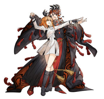 1boy 1girl ahoge black_gloves black_hair black_robe commentary_request crown curly_hair dancing dante_alighieri_(fate) dante_alighieri_(third_ascension)_(fate) dress eye_contact facing_another fate/grand_order fate_(series) floating_crown fujimaru_ritsuka_(female) fujimaru_ritsuka_(female)_(decisive_battle_chaldea_uniform) full_body gloves grey_eyes highres holding_hands jacket laurel_crown long_sleeves looking_at_another male_focus medium_hair multicolored_hair orange_eyes orange_hair red_hair robe smile tawagoto1032 torn_clothes torn_coat two-tone_hair waltz_(dance) white_dress white_jacket
