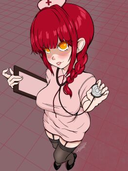 absurdres bad_source braid breasts chainsaw_man high_heels highres large_breasts looking_at_viewer makima_(chainsaw_man) nurse red_hair thighhighs yellow_eyes