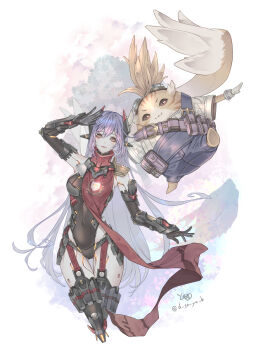 1boy 1girl black_leotard blue_overalls breasts commentary_request cowboy_shot eyelashes full_body headgear highres leotard long_hair medium_breasts nopon overalls poppi_(xenoblade) poppi_qtpi_(xenoblade) purple_hair red_scarf robot_girl ryokuyuu scarf shirt simple_background tora_(xenoblade_2) white_background white_shirt xenoblade_chronicles_(series) xenoblade_chronicles_2