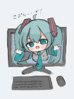 1girl ahoge aqua_eyes aqua_hair chibi computer empty_eyes hatsune_miku long_hair looking_at_viewer monitor necktie simple_background solo through_medium through_screen tina_muchimu translated twintails vocaloid