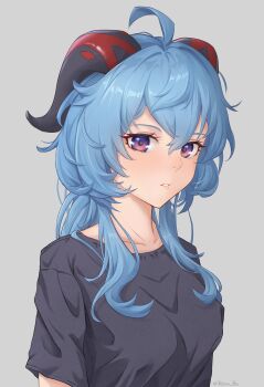 Rule 34 | 1girl, ahoge, alternate costume, black shirt, blue hair, collarbone, commentary, english commentary, ganyu (genshin impact), genshin impact, hair between eyes, highres, horns, long hair, parted lips, purple eyes, shirt, short sleeves, solo, stormstx, t-shirt, twitter username, upper body