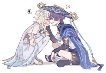 1boy 1girl blonde_hair commentary couple crossed_legs dress flower from_side full_body genshin_impact hair_flower hair_ornament hand_on_another's_chin hat heart hetero highres japanese_clothes lumine_(genshin_impact) open_mouth purple_hair sandals short_hair simple_background sitting smirk speech_bubble squatting swirl symbol-only_commentary white_background white_dress white_flower yellow_eyes yorutori85
