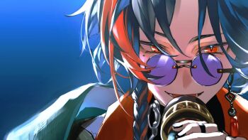1boy 333takoyaki black_hair blue_background blue_hair braid commentary_request earrings hair_between_eyes holding holding_microphone jewelry kaisei_(nijisanji) looking_at_viewer microphone mole mole_under_eye multicolored_hair nijisanji open_mouth red_eyes red_hair ring round_eyewear side_braid simple_background solo tassel tinted_eyewear upper_body virtual_youtuber