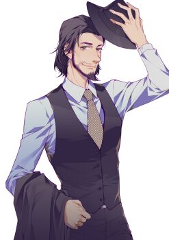 Rule 34 | 1boy, absurdres, arm up, asam, belt buckle, black hair, black hat, black pants, black vest, blue shirt, brown eyes, buckle, buttons, closed mouth, collared shirt, commentary request, cowboy shot, dress pants, facial hair, fedora, formal clothes, goatee, hair slicked back, halftone, hat, hat tip, highres, holding, holding jacket, holding unworn clothes, jacket, jigen daisuke, long sleeves, lupin iii, male focus, mustache stubble, necktie, pants, polka dot necktie, shirt, short hair, sideburns, simple background, smile, solo, stubble, unworn jacket, vest, waistcoat, white background, wing collar, yellow necktie