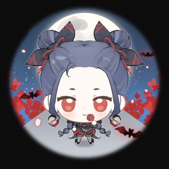 1girl animal baonu_de_zhanshen_caibutou bat_(animal) black_bloomers black_border black_bow black_dress black_shoes black_wrist_cuffs bloomers blue_hair border bow candy chibi chinese_commentary closed_mouth coattails commentary_request cross-laced_clothes dot_nose double_bun dream-like_night_(infinity_nikki) dress eyelashes flower food footwear_bow forehead frilled_dress frills full_moon grey_pantyhose hair_bow hair_bun hair_ribbon hand_on_own_hip happy heart heart_print highres holding holding_candy holding_food holding_lollipop infinity_nikki light_blush lolita_fashion lollipop moon night night_sky nikki_(series) outdoors outline pantyhose petals pocket print_dress puffy_short_sleeves puffy_sleeves red_eyes red_flower red_ribbon ribbon round_border shoes short_dress short_hair short_sleeves sky smile solo standing star_(sky) starry_sky straight-on underwear white_outline wrist_cuffs