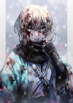 1girl adjusting_scarf aqua_haori arm_guards black_hakama black_scarf blonde_hair blood blood_in_hair blood_on_clothes blood_on_face blood_on_hands cold commentary fate/grand_order fate_(series) hakama haori highres japanese_clothes katana kimono looking_at_viewer okita_souji_(fate) okita_souji_(teal_haori_and_hakama)_(fate) ponytail scarf sheath sheathed sidelocks snow solo sword symbol-only_commentary weapon white_kimono woong.i yellow_eyes