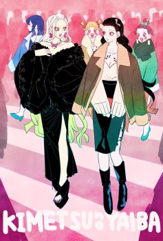 Rule 34 | 2girls, 3boys, agatsuma zenitsu, black dress, black hair, blonde hair, blue footwear, blue hair, blunt bangs, boots, brother and sister, chest tattoo, commentary request, copyright name, crosswalk, daki (kimetsu no yaiba), dress, earrings, eyeshadow, full body, fur-trimmed jacket, fur trim, green hair, hashibira inosuke, heart, heart-shaped eyes, highres, jacket, jewelry, kamado nezuko, kamado tanjirou, kimetsu no yaiba, leg tattoo, long hair, makeup, multiple boys, multiple girls, necklace, open mouth, purple nails, red nails, scarf, siblings, sidelocks, skirt, smile, takeuchi ryousuke, tattoo, twintails, white hair, yellow eyes