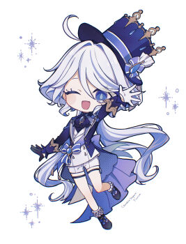 Rule 34 | 1girl, ;d, ahoge, arm up, ascot, asymmetrical gloves, black gloves, black shoes, blue ascot, blue eyes, blue hair, blue hat, blue jacket, character name, chibi, chibi only, commentary request, copyright name, drop-shaped pupils, full body, furina (genshin impact), genshin impact, gloves, hair between eyes, hat, highres, jacket, long hair, long sleeves, looking at viewer, mismatched gloves, multicolored hair, one eye closed, open mouth, shoes, shorts, simple background, smile, solo, streaked hair, symbol-shaped pupils, thigh strap, top hat, vest, wavy hair, white background, white gloves, white hair, white shorts, white vest, yanagida shiina