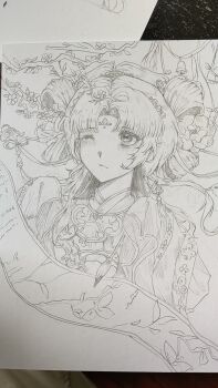 Rule 34 | 1girl, 7 (xinjinjumin9696553), bell, bow-shaped hair, calligraphy brush, chinese clothes, chinese hairpin, closed mouth, cropped torso, dot nose, double bun, eyelashes, facial mark, flower, flower facial mark, flower symbol, forehead mark, frilled sleeves, frills, graphite (medium), greyscale, hair bun, hair flower, hair ornament, hairpin, hanfu, highres, holding, holding calligraphy brush, holding paintbrush, infinity nikki, light frown, long hair, long sleeves, looking ahead, mandarin collar, monochrome, multiple hairpins, nikki (series), one eye closed, paintbrush, parted bangs, photo (medium), scroll, sleeves past fingers, sleeves past wrists, solo, stylist (nikki), traditional media, very long hair, wide sleeves, writing