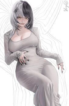 Rule 34 | 1girl, alternate costume, black hair, black nails, breasts, cleavage, collarbone, commentary, covered navel, dongtan dress, dress, grey dress, grey hair, hair ornament, highres, hololive, hololive english, large breasts, long hair, long sleeves, looking at viewer, massiveyog, multicolored hair, pencil dress, shiori novella, simple background, sketch background, smile, solo, split-color hair, taut clothes, taut dress, tight clothes, tight dress, two-tone hair, virtual youtuber, white background, yellow eyes