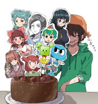 1boy 6+girls artist_self-insert beta_(inazuma_eleven) bianca_(pokemon_heroes) blunt_bangs brown_hair cake colored_skin cookie_(touhou) crayon_shin-chan crayon_shin-chan:_chou_arashi_wo_yobu!_kinpoko_no_yuusha doki_doki_literature_club doki_doki_literature_club_school_uniform drooling food furry furry_female green_hoodie green_shirt grey_eyes hakurei_reimu hear_me_out_cake_(meme) highres hood hoodie hunter_x_hunter inazuma_eleven_(series) inazuma_eleven_go inazuma_eleven_go_chrono_stone inverted_cross_necklace long_hair mario_(series) mata_tami meme mimi_(paper_mario) monika_(doki_doki_literature_club) multiple_girls nicole_watterson nintendo open_mouth paper_mario pokemon pokemon_(anime) pokemon_(classic_anime) pokemon_heroes:_latios_&amp;_latias purple_eyes rurima_(cookie) school_uniform shirt shizuku_murasaki simple_background smile sn_(zigzagspark6) sn_(zigzagspark6)_(character) super_paper_mario the_amazing_world_of_gumball touhou upper_body v-shaped_eyebrows white_background white_skin wii_fit wii_fit_trainer wii_fit_trainer_(female)
