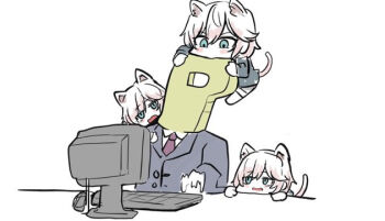 1boy 3girls anastasia_(idolmaster) animal_ear_fluff animal_ears black_jacket black_shirt blue_eyes brown_hair cat_ears cat_girl cat_tail chibi collared_shirt computer_keyboard formal_clothes hair_between_eyes idolmaster idolmaster_cinderella_girls jacket kawamochi_(kawauti919) kemonomimi_mode mini_person minigirl monitor multiple_girls multiple_persona necktie p-head_producer producer_(idolmaster) purple_necktie shirt simple_background suit tail thighhighs white_background white_shirt white_thighhighs