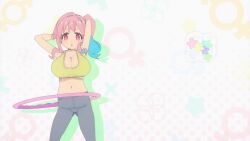 1girl animated anime_screenshot arms_behind_head arms_up ass blue_hair blush bouncing_breasts bra breasts cleavage collarbone copyright_name gluteal_fold highres hozuki_kaede jewelry large_breasts leggings looking_at_viewer multicolored_hair navel necklace onii-chan_wa_oshimai! open_mouth pink_hair red_eyes ryona side_ponytail sound sports_bra sportswear stomach two-tone_hair underwear video wide_hips yellow_bra