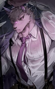 1boy animal_ears ao_(chung0u0) broken_glass button_gap chaos_zero_nightmare dress_shirt furry furry_male glass highres hugo_(chaos_zero_nightmare) looking_at_viewer necktie purple_fur scar scar_on_face see-through_clothes shirt solo solo_focus suspenders upper_body water_drop wet wet_clothes wet_shirt wolf_boy