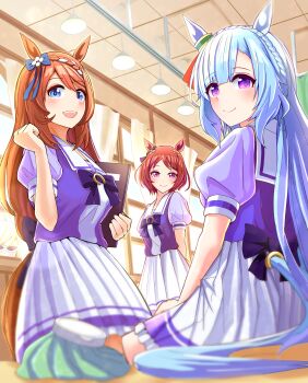 Rule 34 | 4girls, absurdres, animal ears, anshinzawa sasami, blonde hair, blue eyes, blue hair, blush, bow, bowtie, braid, breasts, brown hair, closed mouth, commentary request, crown braid, ear bow, ear ornament, ear ribbon, flower-shaped pupils, flower in eye, glasses, hair between eyes, hair ornament, highres, holding, holding notebook, horse ears, horse girl, horse tail, ice pack, long hair, looking at viewer, medium breasts, mejiro ardan (umamusume), multicolored hair, multiple girls, notebook, open mouth, pink eyes, pleated skirt, puffy short sleeves, puffy sleeves, purple bow, purple bowtie, purple eyes, purple shirt, sailor collar, sailor shirt, sakura laurel (umamusume), school uniform, shirt, short hair, short sleeves, sitting, skirt, smile, streaked hair, sunglasses, super creek (umamusume), symbol-shaped pupils, symbol in eye, tail, torinosukei, tracen school uniform, umamusume, very long hair, white-framed eyewear, white sailor collar, white skirt