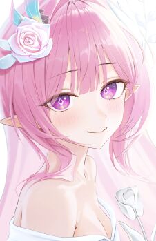 1girl absurdres alternate_breast_size_(smaller) breasts cleavage commentary cyrene_(honkai:_star_rail) diamond-shaped_pupils diamond_(shape) dress english_commentary flower habi_(kyuri_318) hair_flower hair_ornament highres holding holding_flower honkai:_star_rail honkai_(series) long_hair looking_at_viewer pink_hair pointy_ears purple_eyes simple_background small_breasts smile solo symbol-shaped_pupils tulip upper_body very_long_hair white_background white_dress white_flower white_tulip