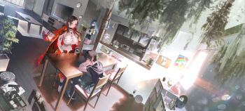 1boy 2girls abs arm_rest bandaged_arm bandaged_foot bandages bead_necklace beads black_choker black_hair black_shirt blue_hair breasts brown_hair budget_sarashi bullet ceiling_light chair chest_sarashi choker closed_mouth coat coat_on_shoulders couch cover cover_image cover_page cup curtains drawing_(object) dutch_angle eye_mask figure flat_screen_tv gloves green_eyes gun high_heels highres holding holding_tray horns huge_breasts jewelry kayahara kitchen leaning_forward light_bulb living_room long_hair looking_at_another mask microwave multicolored_hair multiple_girls necklace novel_cover on_chair oni open_clothes open_fly open_pants original over-kneehighs pants partially_shaded_face pendant picture_frame red_hair refrigerator sarashi scenery shirt short_hair short_shorts short_sleeves shorts sitting sleeveless sleeveless_shirt smoke stomach strap table teacup teapot television textless_version thighhighs toned toned_female tray two-tone_hair unworn_gloves very_long_hair weapon window