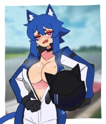 Rule 34 | 1girl, absurdres, animal ear fluff, animal ears, animal hat, black gloves, blue hair, blue jacket, blurry, blurry background, blush, breasts, breath, cat ears, cat girl, cat hat, cat tail, choker, cleavage, collarbone, cowboy shot, doce, fang, female focus, freckles, gloves, hair between eyes, half-closed eyes, hat, helmet, highres, holding, holding helmet, jacket, looking at viewer, multicolored clothes, multicolored jacket, navel, one eye closed, open clothes, open jacket, open mouth, original, pink eyes, racing suit, skin fang, solo, sweat, tail, unworn headwear, unworn helmet, unzipping, wavy mouth, white jacket, xiao (docecaedrus)