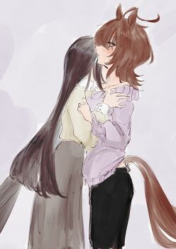 2girls agnes_tachyon_(umamusume) ahoge animal_ears black_hair black_pants blush brown_hair commentary_request earrings grey_skirt hand_on_another's_shoulder highres horse_ears horse_girl horse_tail hydr051 jewelry kiss kissing_neck manhattan_cafe_(umamusume) medium_hair multiple_girls pants purple_sweater red_eyes shirt skirt sweat sweater tail umamusume yellow_shirt yuri