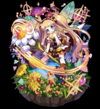 1girl arthropod_girl bee_girl black_background blue_eyes blush boots brown_boots brown_hair child dragonfly_wings dress flat_chest flower flying full_body glowing hairband highres holding holding_staff insect_girl insect_wings leaf licking_own_finger long_hair merc_storia merc_storia_art_team motion_lines official_art puffy_short_sleeves puffy_sleeves ruche_(merc_storia) short_dress short_sleeves simple_background solo staff standing tachi-e tareme twintails very_long_hair water white_dress wings yellow_flower