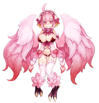 1girl ahoge blonde_hair blush breasts cleavage digitigrade drooling feathered_wings feathers female_focus full_body hairband harpy jubjub_(monster_girl_encyclopedia) kenkou_cross large_breasts looking_at_viewer midriff monster_girl monster_girl_encyclopedia monster_girl_encyclopedia_ii multicolored_hair navel official_art open_mouth panties pink_eyes pink_hair pink_theme pink_wings pussy_juice saliva short_hair simple_background smile solo sweat talons underwear white_background winged_arms wings