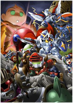 1boy 1girl amuro_ray armor arrow_(projectile) axe bindi black_hair chibi crystal_ball dark_skin dom_(mobile_suit) facial_mark fantasy forehead_mark gouf guncannon gundam guntank gyan knight_gundam lalah_sune lance lightning mecha mobile_suit_gundam orb polearm robot rx-78-2_gundam sd_gundam sd_gundam_gaiden shield siubomanjyu spear spikes staff sword tower weapon white_base wings zaku