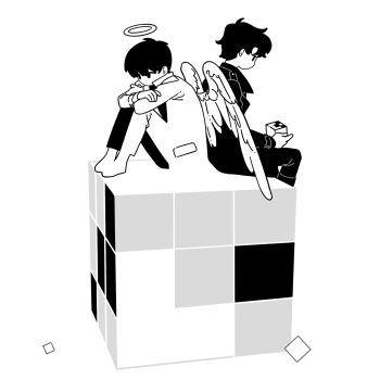 2boys angel back-to-back black_coat black_hair black_shirt chibi chibi_only coat curled_up elbows_on_knees feathered_wings full_body halo highres holding_cube kim_dokja knees_up male_focus multiple_boys omniscient_reader&#039;s_viewpoint open_clothes open_coat rubik&#039;s_cube shirt short_hair sitting twle white_coat white_wings wings yoo_joonghyuk