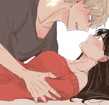 1boy 1girl 646nacho bare_shoulders black_hair blonde_hair blush breasts clenched_teeth couple dress earrings gold_earrings grey_shirt hair_between_eyes hetero holding_another&#039;s_arm jewelry long_hair medium_breasts off-shoulder_dress off_shoulder red_dress red_sweater shirt short_hair sketch spy_x_family sweatdrop sweater sweater_dress teeth twilight_(spy_x_family) twitter_username upper_body white_background wide-eyed yor_briar
