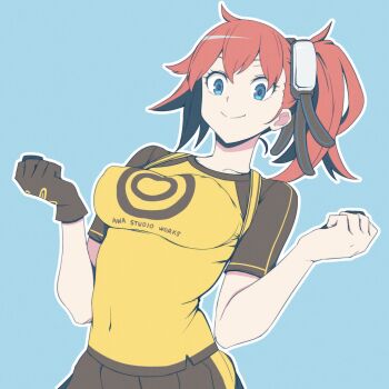 1girl aiba_ami ayu_(ddestiny944) black_gloves black_shirt black_skirt blue_background blue_eyes breasts clenched_hands covered_erect_nipples covered_navel cowboy_shot digimon digimon_story:_cyber_sleuth gloves goggles goggles_on_head highres impossible_clothes impossible_shirt large_breasts pleated_skirt print_shirt red_hair shirt side_ponytail simple_background single_glove skirt solo two-tone_shirt yellow_shirt