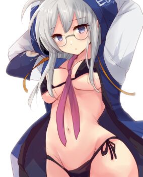 1girl absurdres ahoge bikini bikini_under_clothes black_bikini blue_eyes breasts commentary_request glasses grey_hair heywood_l._edwards_(kancolle) heywood_l._edwards_(rainy_season)_(kancolle) highres hirune_(konekonelkk) hood hood_up hooded_jacket jacket kantai_collection large_breasts long_hair navel raincoat round_eyewear side-tie_bikini_bottom solo swimsuit very_long_hair