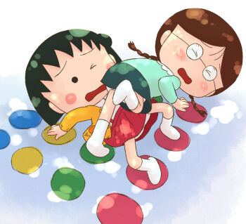 >_< 2girls all_fours black_eyes black_hair blue_shirt blue_skirt blush blush_stickers braid brown_hair cardigan chibi_maruko-chan honami_tamae long_sleeves multiple_girls one_eye_closed open_cardigan open_clothes open_mouth orange_cardigan panties red_skirt sakura_momoko school_uniform shirt short_hair skirt socks suspender_skirt suspenders twin_braids twister underwear white_background white_panties white_shirt white_socks yamanokonza