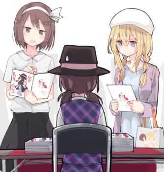 Rule 34 | 4girls, bag, black hat, black skirt, blonde hair, braid, brown hair, collared shirt, commentary request, dateless bar "old adam", dress, fujiwara no mokou, hairband, hat, himejoshi, holding, holding bag, jacket, long hair, low twintails, manga (object), maribel hearn, medium hair, multiple girls, open mouth, plaid clothes, plaid vest, purple jacket, reading, shiroshi (denpa eshidan), shirt, shirt tucked in, skirt, smile, touhou, twin braids, twintails, usami renko, usami sumireko, vest, white dress, white hair, white hairband, white hat, white shirt, yuri