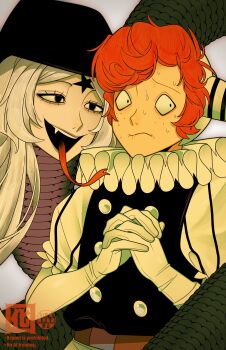 1boy 1girl absurdres averting_eyes biting_own_lip black_eyes blonde_hair clown forked_tongue freckles grey_background hat highres human_head long_hair looking_at_another nana_(randal&#039;s_friends) neck_ruff otori_0 own_hands_clasped own_hands_together puffy_short_sleeves puffy_sleeves randal&#039;s_friends red_hair sebastian_de_tomato_smith_chicken_legs short_hair short_sleeves snake_girl sun_hat sweat tongue tongue_out upper_body