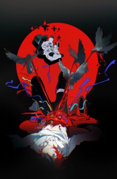 1boy :d anfuu_daisuki animalization aotsuki_eito bird black_background black_pants black_streaks blood blue_eyes commentary_request death entrails glasses hat highres hood hoodie jacket lying male_focus multicolored_hair no_pupils on_back on_ground one_eye_closed open_mouth organs pants purple_eyes rabbit red_background red_hair semi-rimless_eyewear short_hair smile streaked_hair streamers sumino_takumi the_hundred_line_-last_defense_academy- top_hat two-tone_background two-tone_hair wand white_hoodie white_jacket wide-eyed