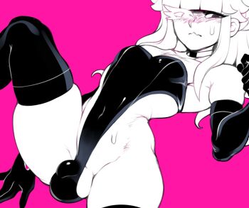 1boy asymmetrical_eyes black_gloves black_leotard black_thighhighs blush braid bulge choker covered_navel curvy demi_(dizzyspells) dizzyspells embarrassed eyelashes feminine flaccid gloves hand_up highleg highleg_leotard huge_testicles impossible_clothes large_testicles legs_apart leotard long_glove long_hair looking_at_viewer male_focus original pink_background shaded_face shadow sidelocks skin_tight small_penis solo spread_legs sweat sweatdrop testicle_peek testicles thick_thighs thighhighs thighs trap wavy_mouth white_choker