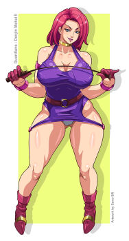 1girl 2018 armlet artist_name ass bare_legs bare_shoulders belt belt_buckle blue_eyes bob_cut boots bracelet breasts buckle cameltoe choker cleavage commentary contrapposto covered_erect_nipples denjin_makai_2 dress english_commentary evil_smile female_focus gloves gluteal_fold gold_choker gold_trim guardians_(denjin_makai_2) half_gloves head_tilt high_heel_boots high_heels holding holding_weapon holding_whip huge_ass jewelry legs_apart looking_at_viewer mature_female muscular muscular_female outside_border panties parted_bangs pink_belt pink_boots pink_gloves purple_dress purple_eyes purple_hair revealing_clothes sano_br serious shadow shiny_skin short_hair side_slit signature smile solo standing thick_lips tsurime underwear v-shaped_eyebrows weapon white_panties yellow_background