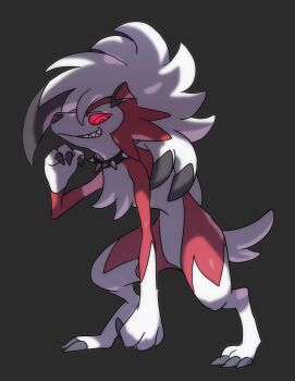 ch_walnut claws collar full_body gen_7_pokemon grey_background grin highres looking_down lycanroc lycanroc_(midnight) nintendo pokemon pokemon_(creature) pokemon_focus red_eyes red_pupils sharp_teeth smile solo standing teeth