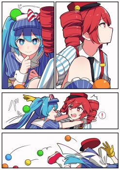 ! 2girls black_necktie blue_eyes blue_hair commentary_request dress drill_hair gloves hat hatsune_miku highres kasane_teto kepi mesmerizer_(vocaloid) military_hat multiple_girls necktie pinstripe_pattern pinstripe_shirt red_eyes red_hair sato_(r017xts117) shirt smile spoken_exclamation_mark striped_clothes striped_dress surprised suspenders twin_drills twintails visor_cap yellow_gloves
