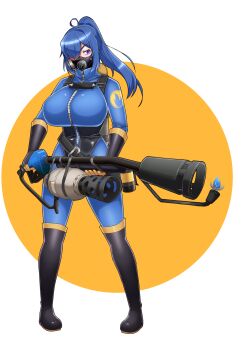 Rule 34 | 1girl, absurdres, ahoge, black boots, black gloves, blu pyro (tf2), blue bodysuit, blue eyes, blue hair, bodysuit, boots, breasts, flamethrower, full body, gas mask, genderswap, genderswap (otf), gloves, hair over one eye, highres, holding, holding flamethrower, holding weapon, knee boots, large breasts, long hair, looking at viewer, mask, ponytail, pyro (tf2), respirator, solo, standing, team fortress 2, transparent background, two-tone background, weapon, white background, yellow background, ysui0000