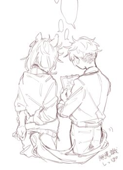 10matomat0 1boy 1girl animal_earrings animal_ears arms_behind_back ayase_momo choker clipboard cowboy_shot dandadan earrings facing_away from_behind glasses highres holding holding_clipboard horse_ears horse_girl horse_tail jewelry kemonomimi_mode medium_hair pants round_eyewear short_hair sketch sleeves_rolled_up sweater tail tail_around_own_leg takakura_ken_(dandadan) talking white_background